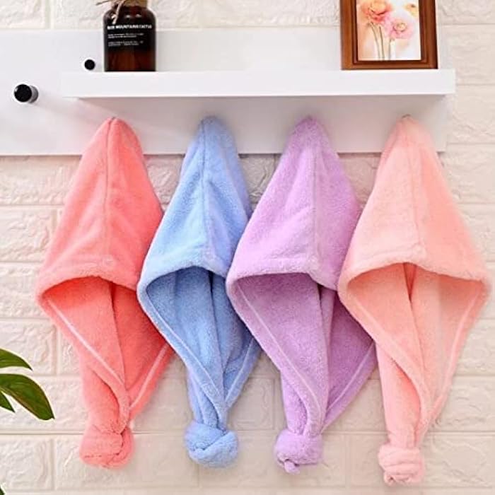 YOMNA Pack of 4 Pack Microfiber Hair Towel Wrap Magic Quick Dry Hair Drying Turban For Women, Super Absorbent Anti Frizz Bath Shower Head Cap For Wet Short Long Straight Curly Thick Pattern - Image 1